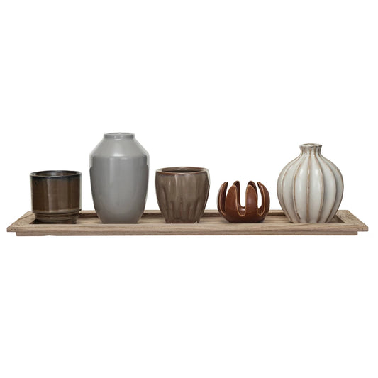 Wood Tray w/ 5 Stoneware Vases & Votive Holders