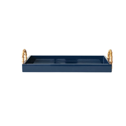 Blue Lacquered Tray w/ Bamboo Handles & Metal Detail