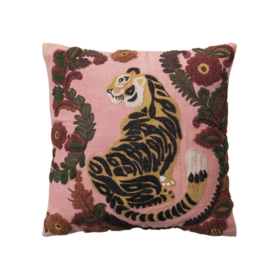 Square Cotton Slub Pillow w/ Embroidered Tiger & Flowers