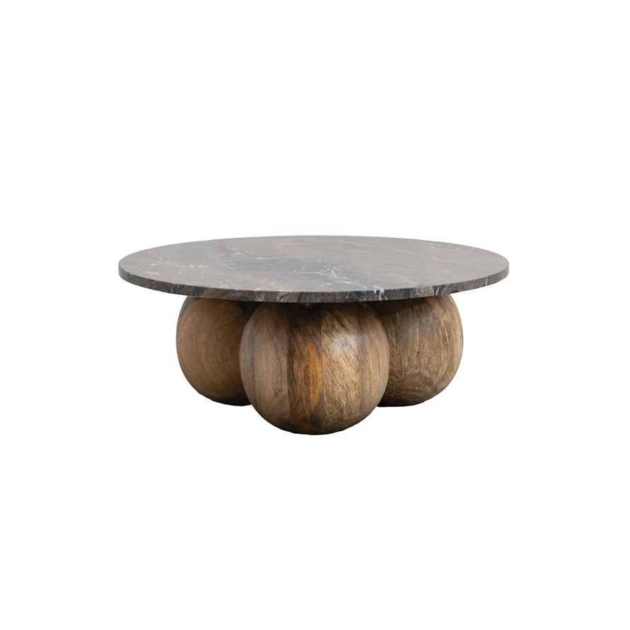 Marble Coffee Table with Mango Wood Orb Base