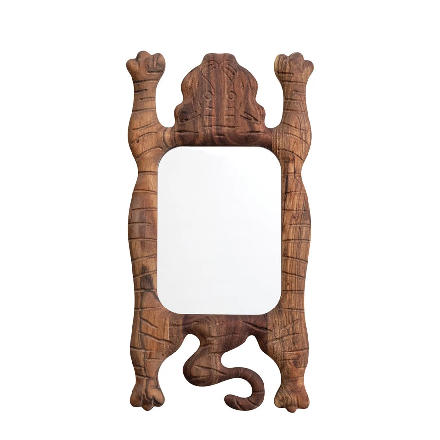 Carved Acacia Wood Framed Tibetan Tiger Shaped Wall Mirror