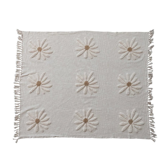 Natural & Tan Cotton Slub Throw with Tufted Flowers