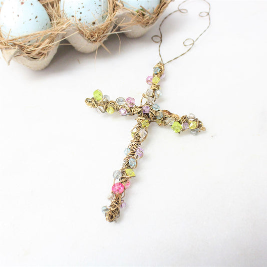 Gold Wire Cross with Multi Color Beads