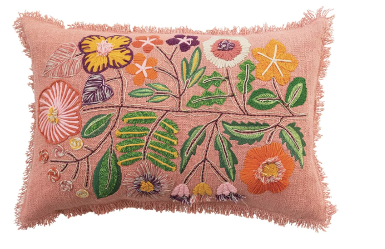 Embroidered Flowers & Eyelash Fringe Lumbar Pillow