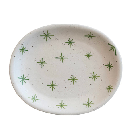 Hand-Painted Stoneware Platter w/ Stars, Green & Cream Color Speckled