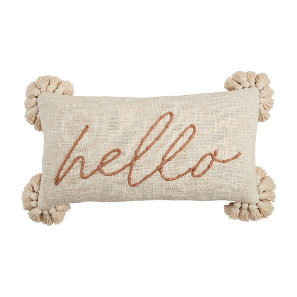 Hello Embroidery Tassel Pillow