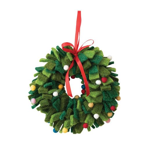 Green Wool Felt Wreath Ornament w/ Multi Color Pom Poms