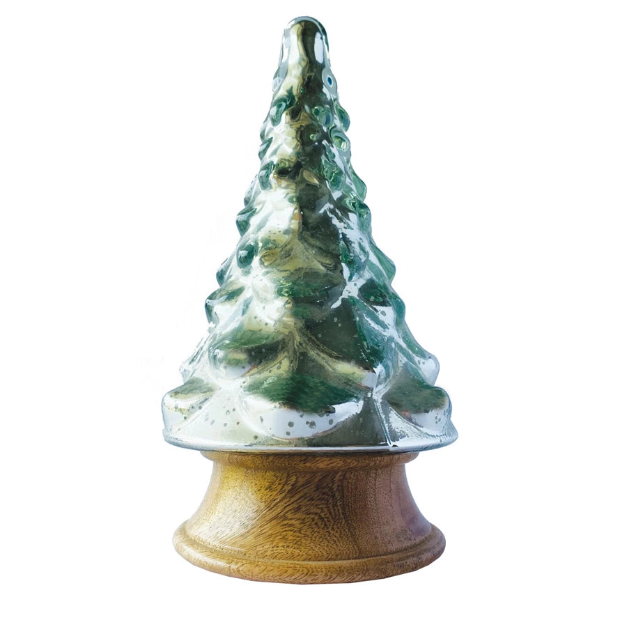 Embossed Recycled Mercury Glass Tree w/ Wood Base