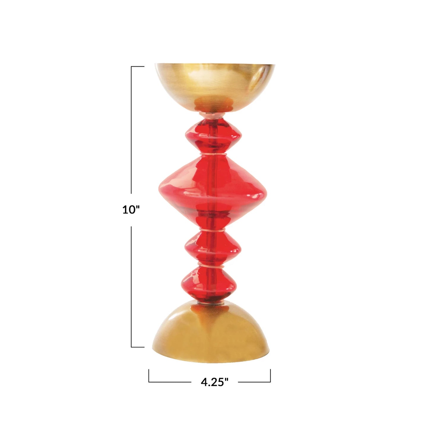 Red & Antique Gold Finish Recycled Glass & Metal Pillar Holder