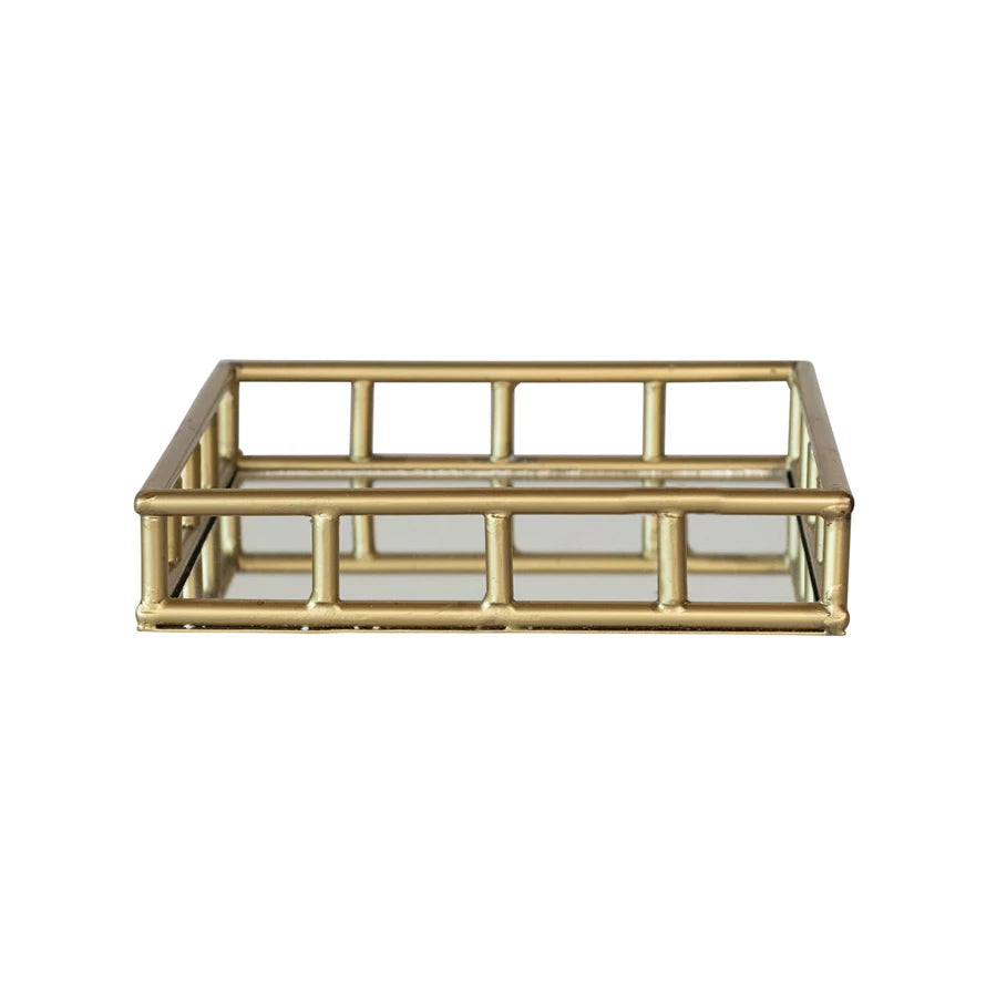 Gold Decorative Metal Mirrored Tray w/ Latticed Edge