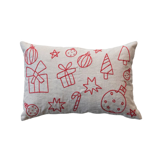 Embroidered Holiday Icons Cotton Lumbar Pillow