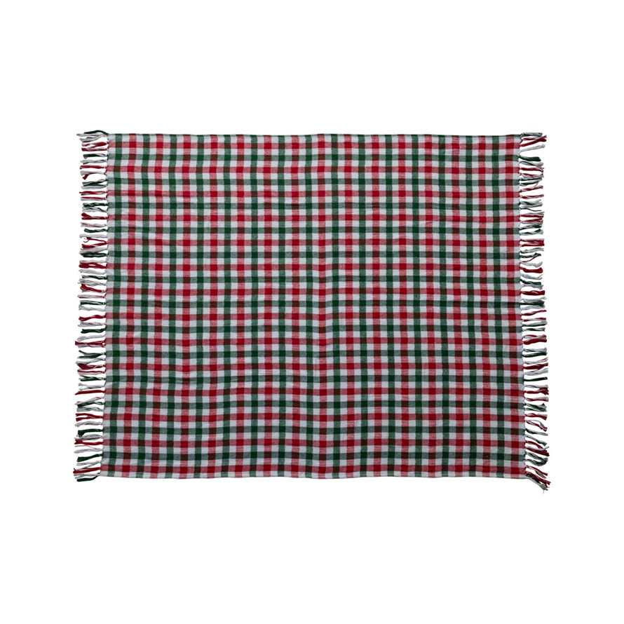 Green & White Gingham Fringe Cotton Flannel Throw