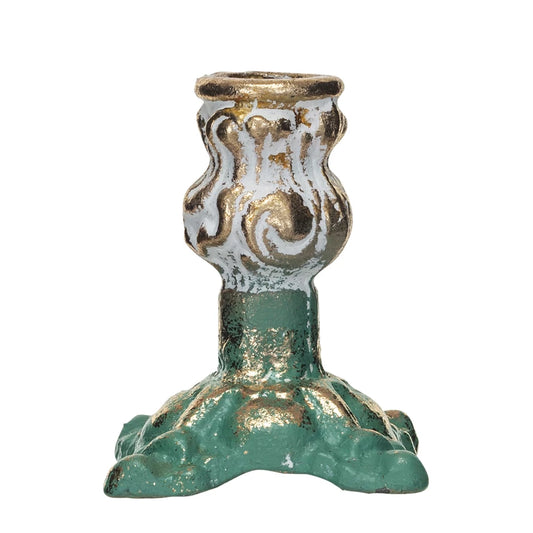 Cast Iron Taper Holder - Distressed Green and Gold