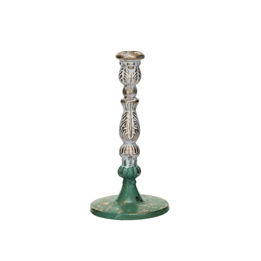 Cast Iron Taper Holder - Distressed Green and Gold