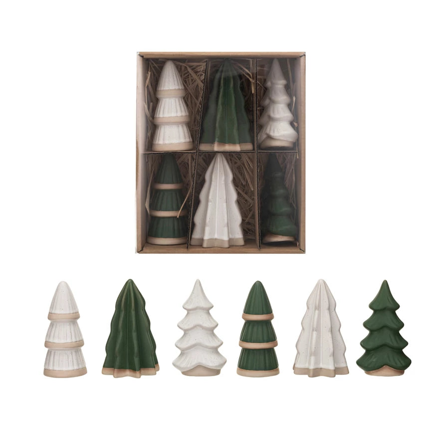 Green & White Boxed Stoneware Trees