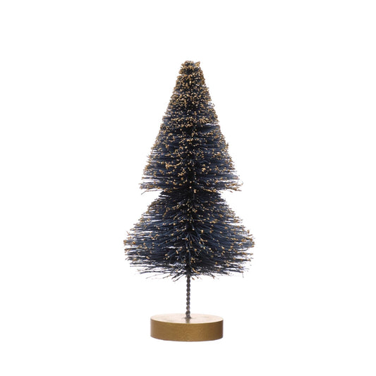 Blue Sisal Bottle Brush Tree w/ Gold Glitter & Wood Base