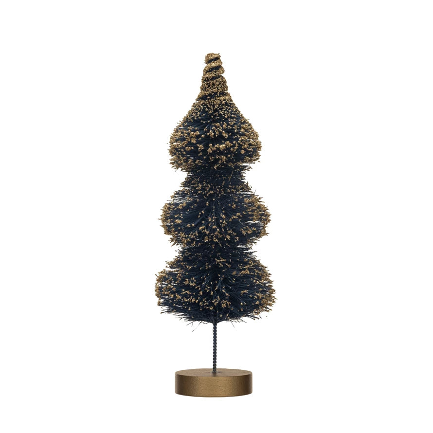 Blue Sisal Bottle Brush Tree w/ Gold Glitter & Wood Base