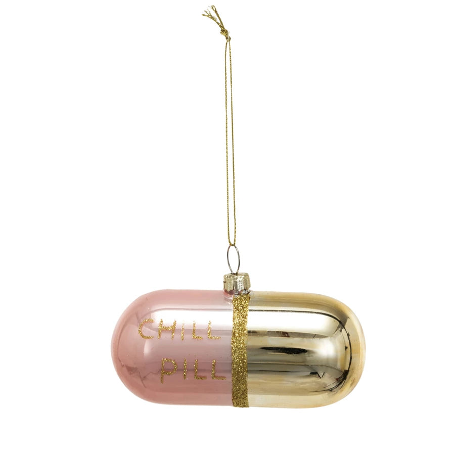 Pink & Gold Glass "Chill Pill" Ornament