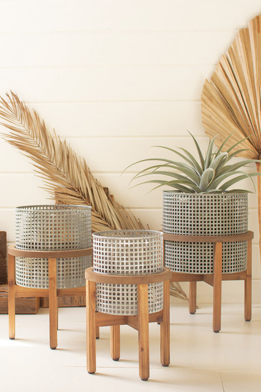 Woven Metal Planters with Wood Stand