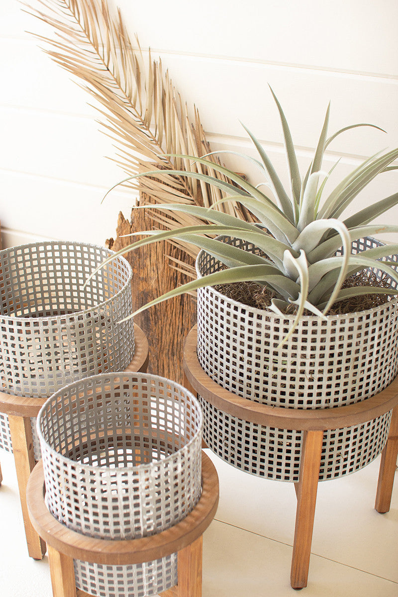 Woven Metal Planters with Wood Stand