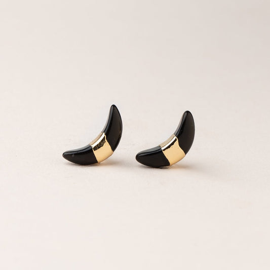 Crescent Moon Stud- Black Spinel + Gold