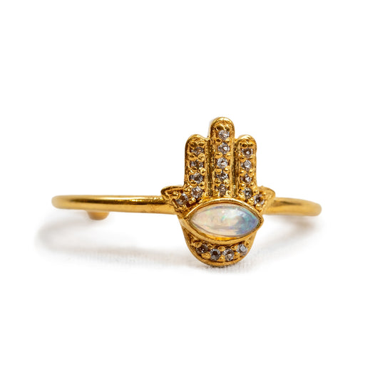 Opal & White Topaz Hamsa Hand Ring