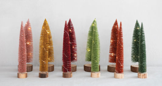 Bottle Brush Trees with Lights & Wood Bases