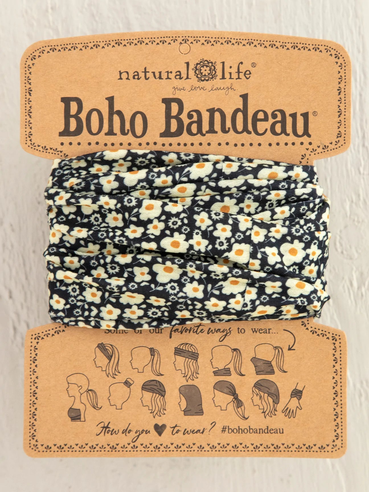 Full Printed Boho Bandeau Headband - Black And Cream Floral