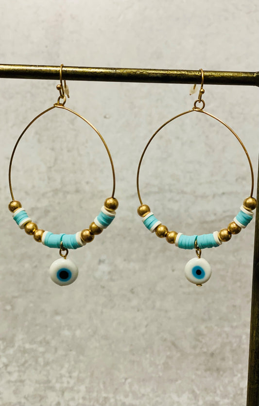 White & Mint Evil Eye Beaded Circle Earrings