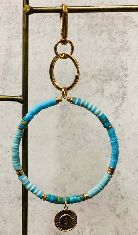 Yin Yang Charm & Bead Key Ring Bracelet-Blue