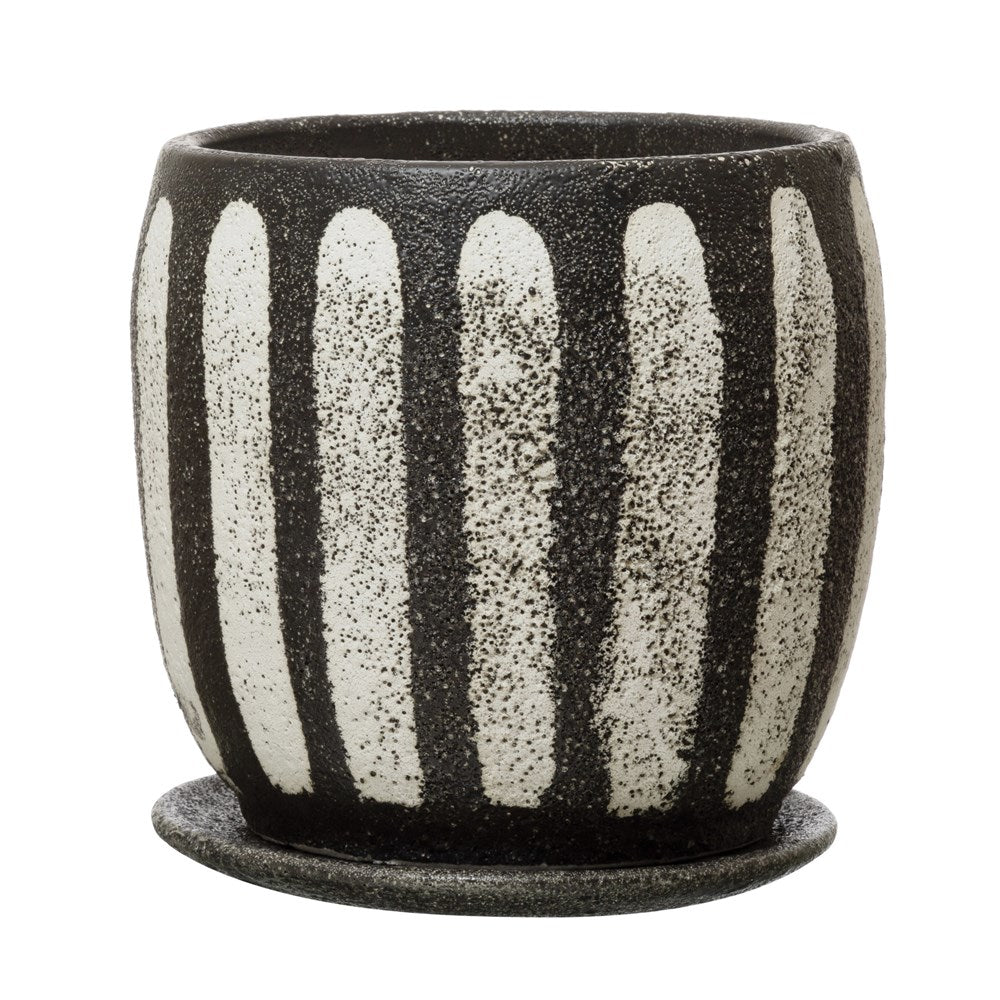 Black & White Hand-Painted Terra-Cotta Planter with Saucer