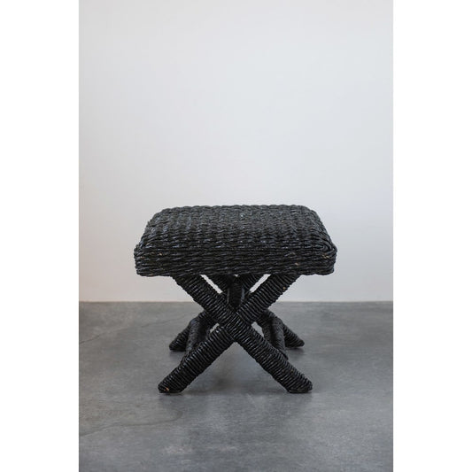 Black Woven Water Hyacinth Wood Stool