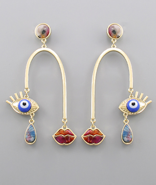 Gold Evil Eye & Lip Arch Earrings