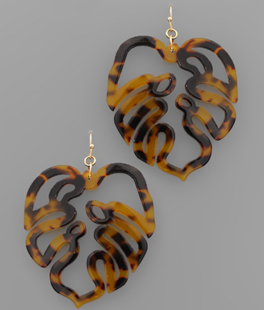 Acrylic Monstera Earrings-Tortoise